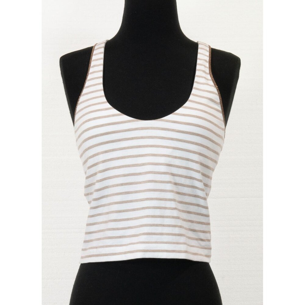 BRUNELLO CUCINELLI STRIPED CROP COTTON TOP WITH MONILI DETAIL  M